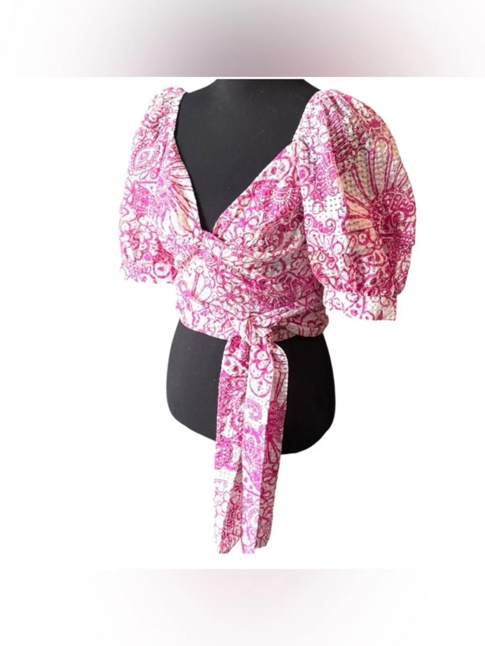 Maeve Anthropologie Pink Floral Tie Back Crop Top Puff Sleeve Small NWT